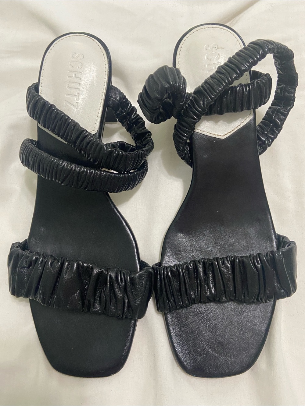 SCHUTZ Black Ruched Strap Slide Sandals